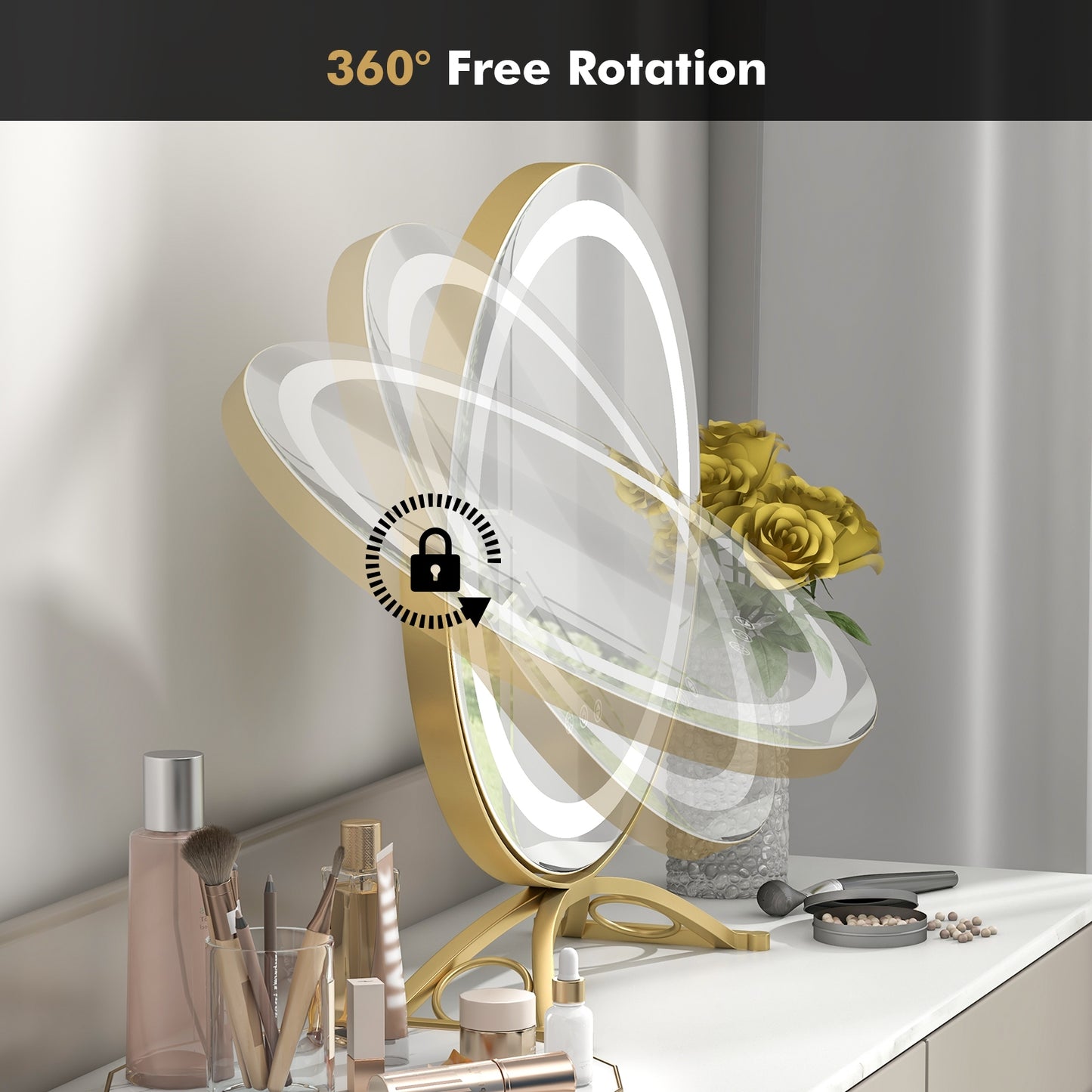 16 x 16 Inch Round LED Vanity Mirror with 3-Color Lighting and Brightness Dimming, Golden Makeup Vanities at Gallery Canada