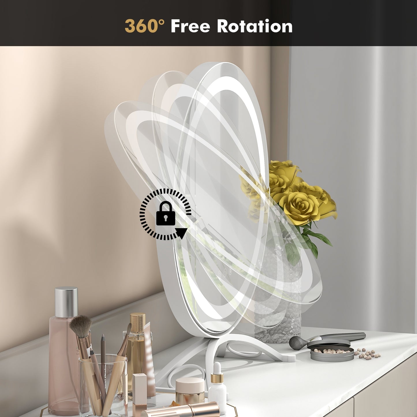 16 x 16 Inch Round LED Vanity Mirror, 3-Color Lighting, Brightness Dimming, White Makeup Vanities at Gallery Canada
