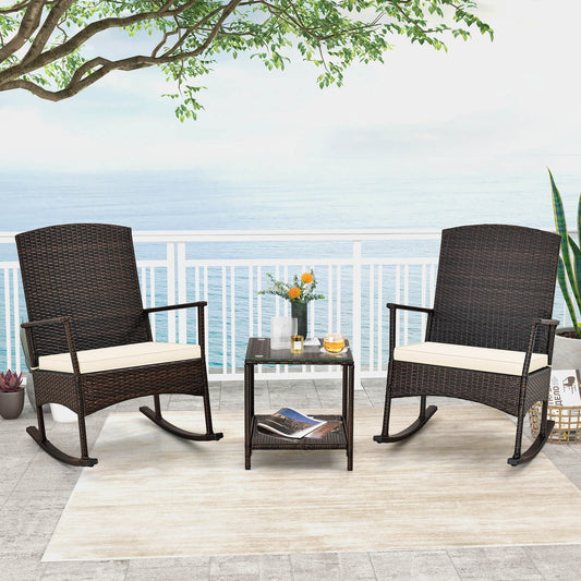 3 Piece Patio Rocking Set, Wicker Chairs, 2-Tier Coffee Table, Off White