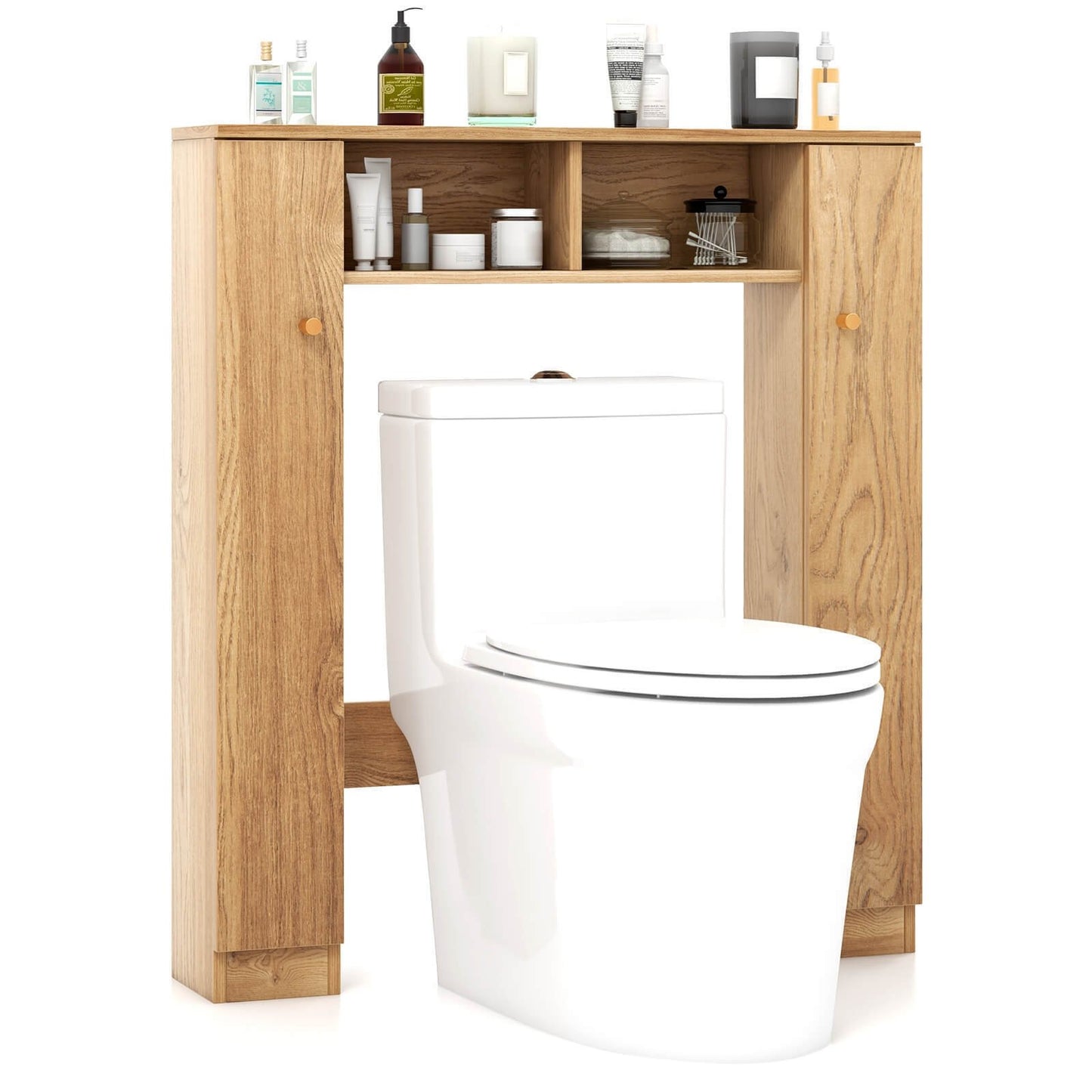 Over The Toilet Storage Cabinet with 2 Open Compartments and 4 Adjustable Shelves, Natural