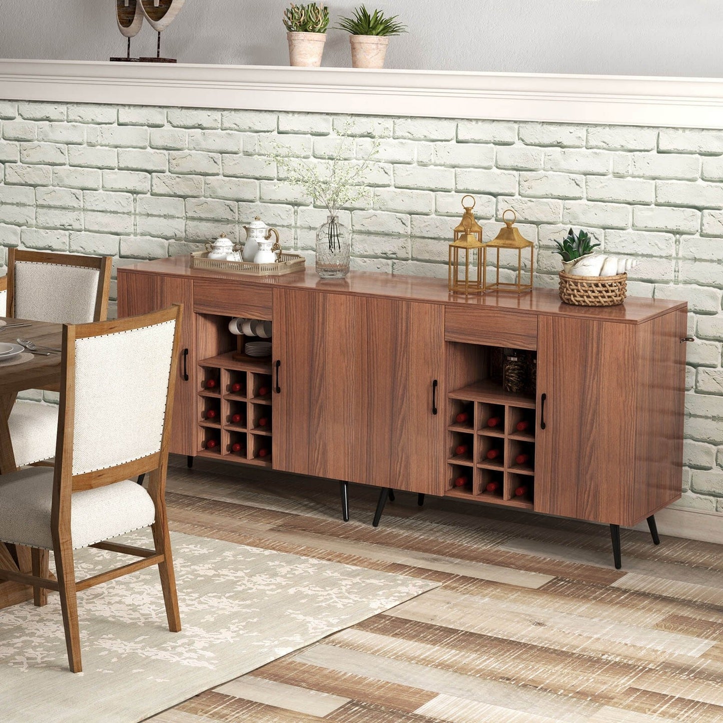 Mid-century Modern Buffet Sideboard Server Cabinet with 9-Bottle Wine Rack, Walnut at Gallery Canada