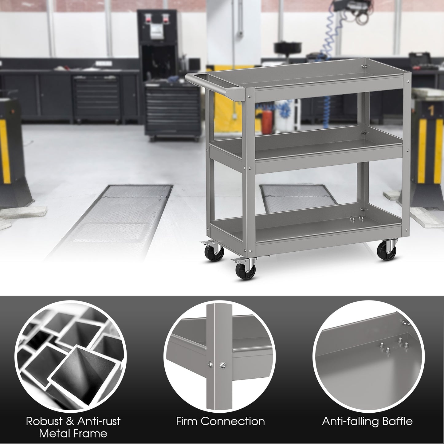 3-Tier Metal Utility Cart, With Lockable Wheels, Gray Garages at Gallery Canada