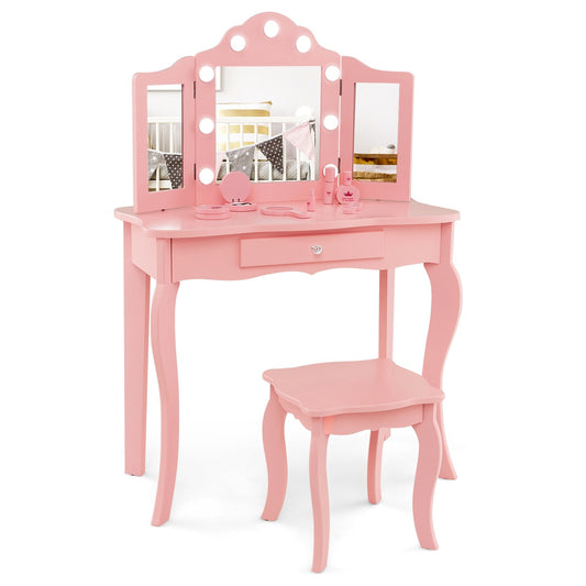 Kid Vanity Table Stool Set with Tri-Folding Mirror and 3-Color LED Lights, Pink