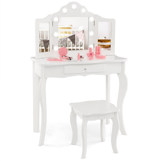 Kid Vanity Table Stool Set with Tri-Folding Mirror and 3-Color LED Lights, White