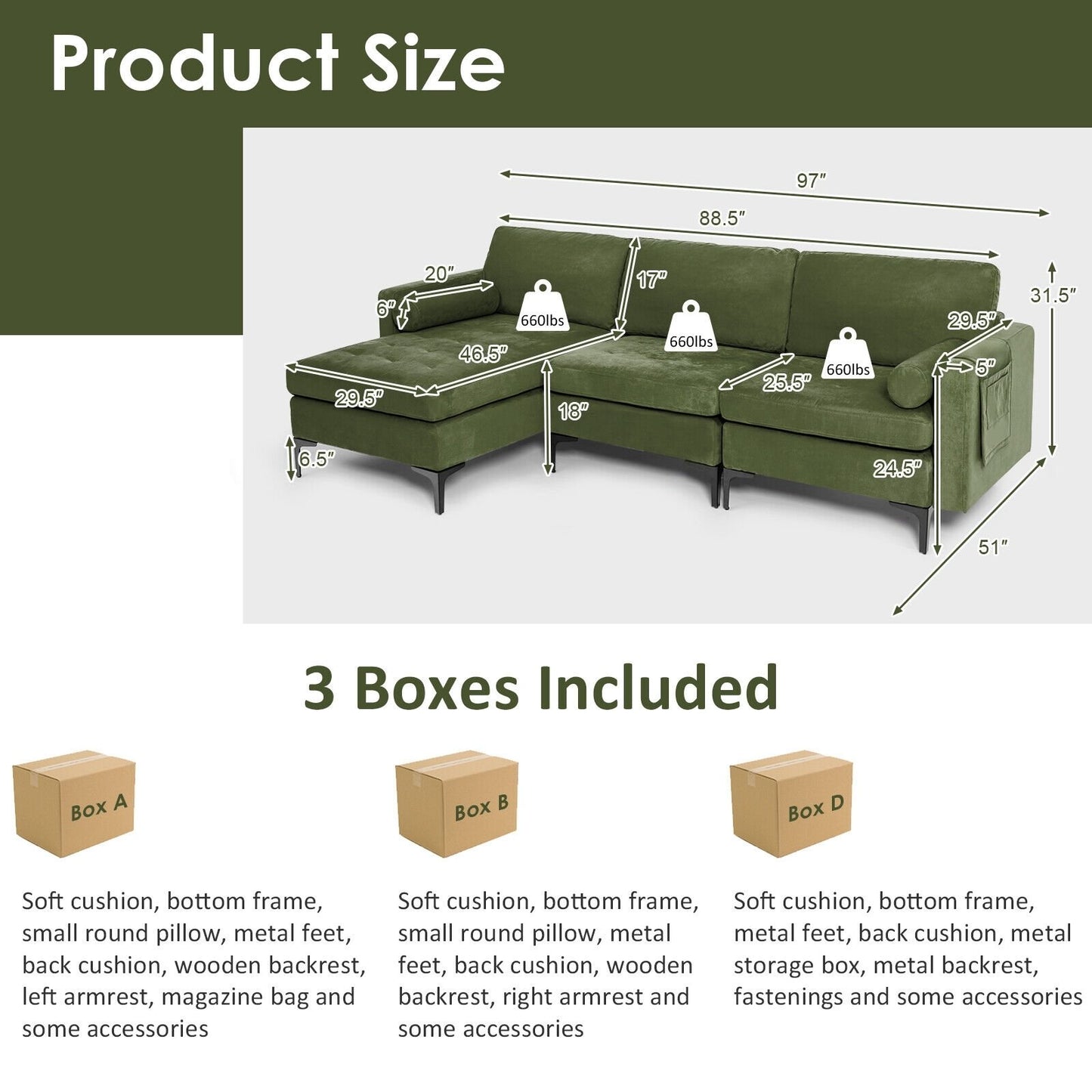 Modular 2-seat/3-Seat/4-Seat L-shaped Sectional Sofa Couch with Reversible Chaise and Socket USB Ports-3-Seat L-shaped, Army Green