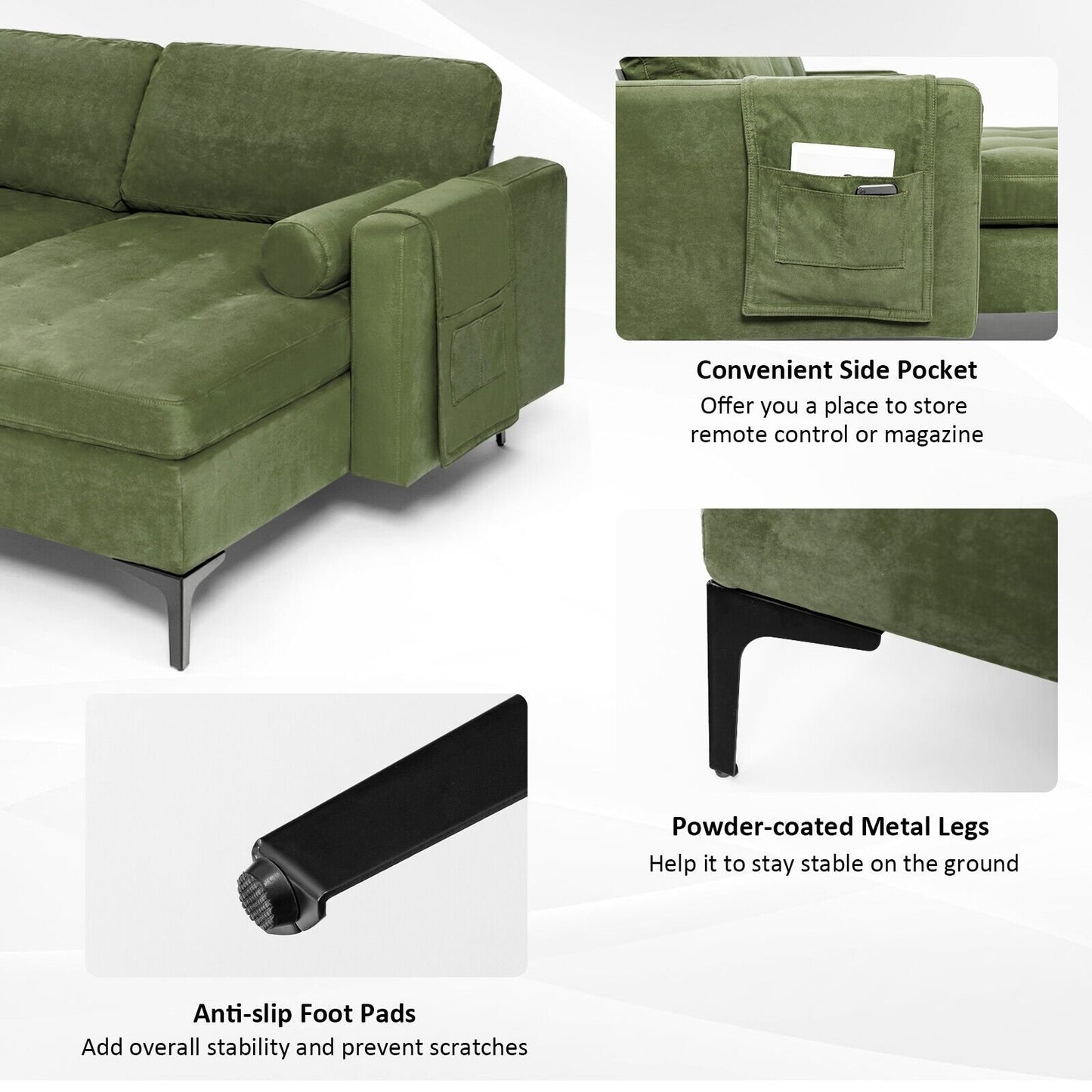 Modular 2-seat/3-Seat/4-Seat L-shaped Sectional Sofa Couch with Reversible Chaise and Socket USB Ports-3-Seat L-shaped, Army Green