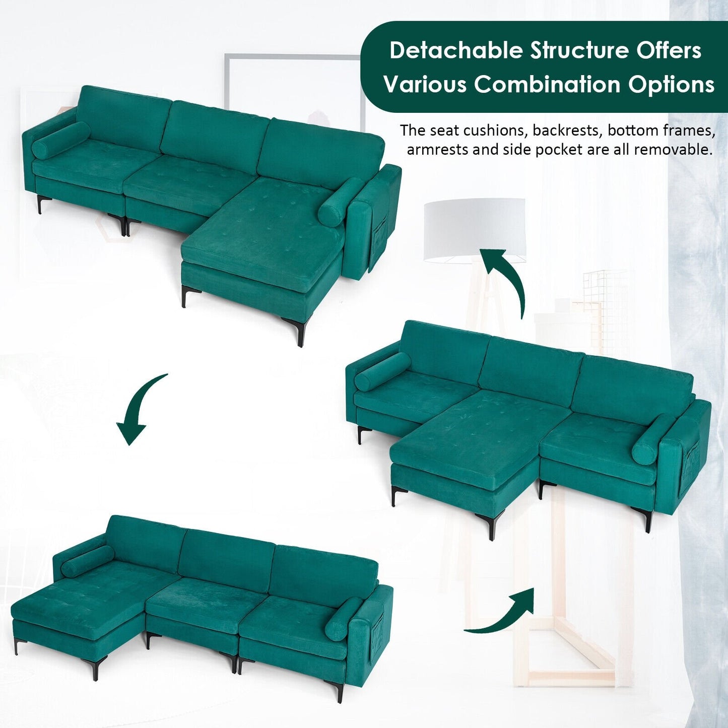 Modular 1/2/3/4-Seat L-Shaped Sectional Sofa Couch with Socket USB Port-3-Seat L-shaped, Teal