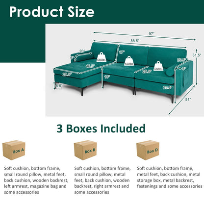 Modular 1/2/3/4-Seat L-Shaped Sectional Sofa Couch with Socket USB Port-3-Seat L-shaped, Teal