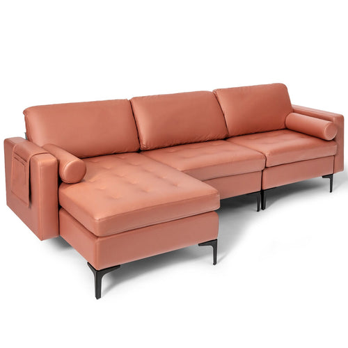 Modular L-shaped Sectional Sofa with Reversible Chaise and 2 USB Ports, Pink