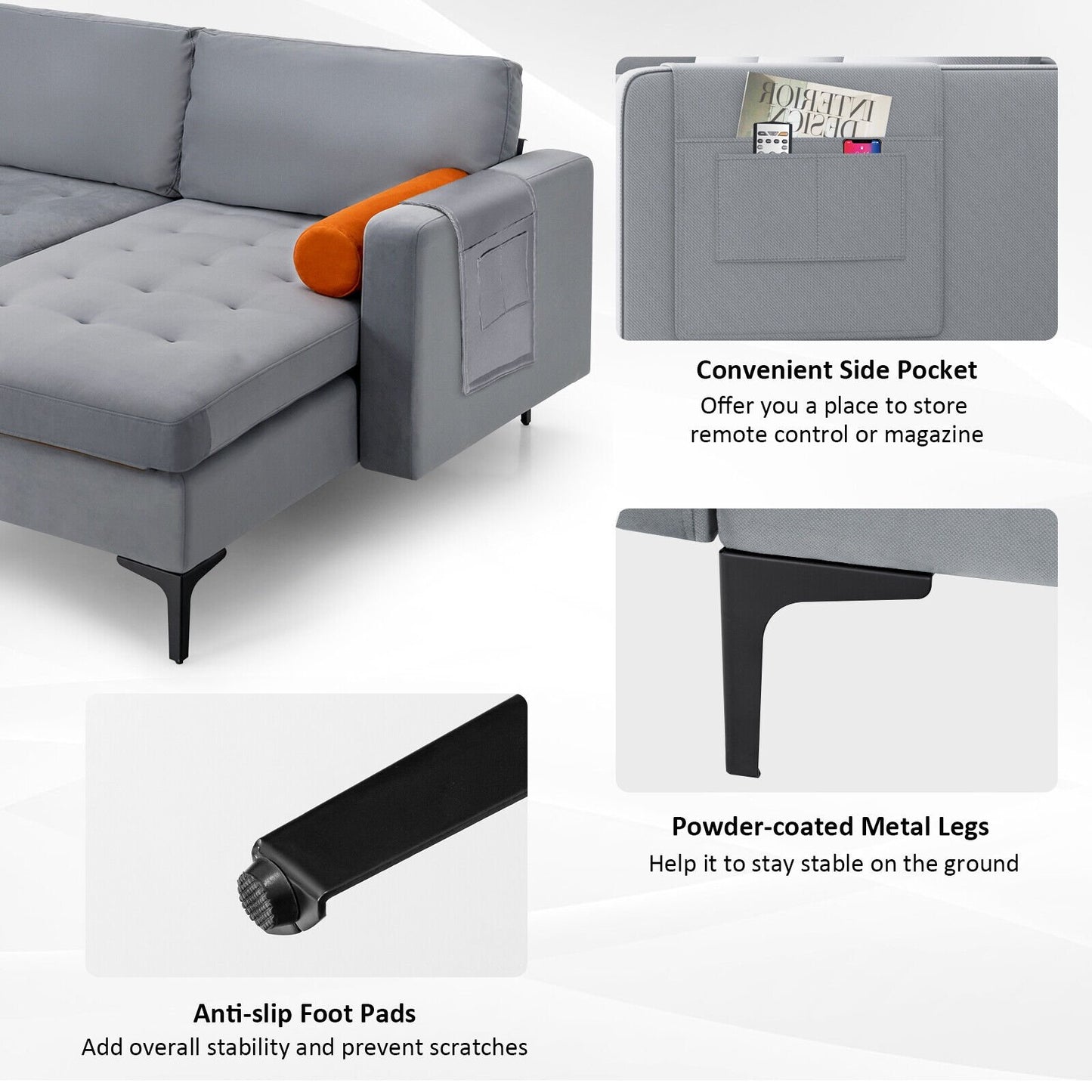 Modular L-shaped 3-Seat Sectional Sofa with Reversible Chaise and 2 USB Ports, Gray