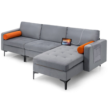 Modular L-shaped 3-Seat Sectional Sofa with Reversible Chaise and 2 USB Ports, Gray