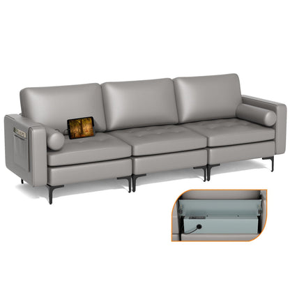 Modular 3-Seat Sofa Couch with Socket USB Ports and Side Storage Pocket, Light Gray