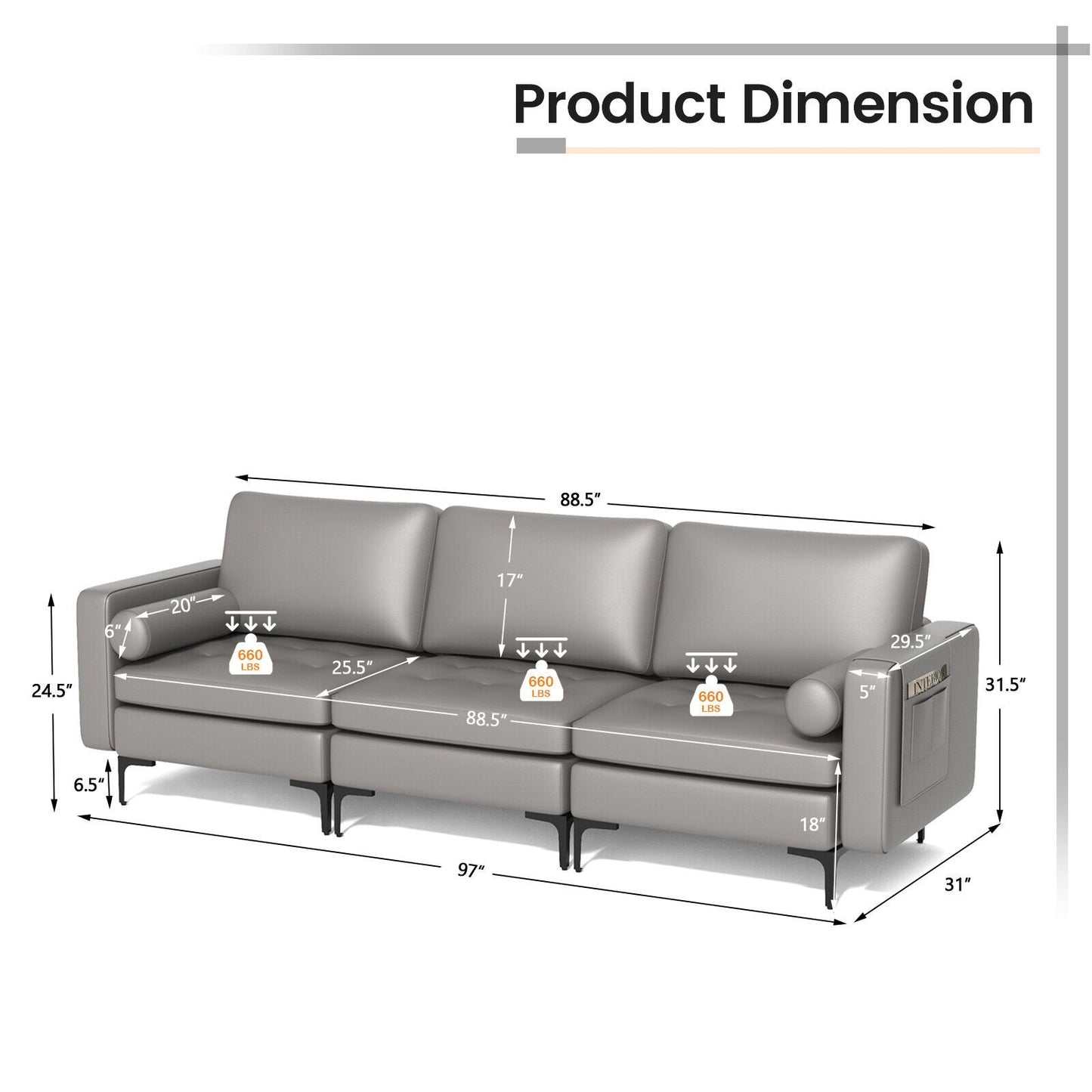 Modular 3-Seat Sofa Couch with Socket USB Ports and Side Storage Pocket, Light Gray