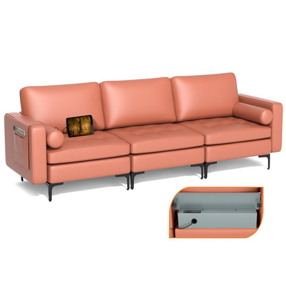 Modular 3-Seat Sofa Couch with Socket USB Ports and Side Storage Pocket, Pink