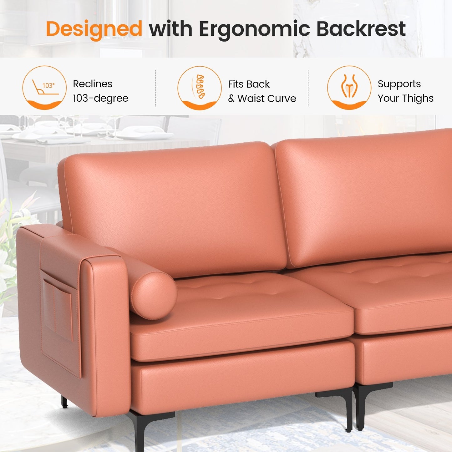 Modular 3-Seat Sofa Couch with Socket USB Ports and Side Storage Pocket, Pink