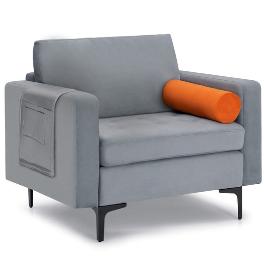 Modern Accent Chair with Bolster and Side Storage Pocket, Gray