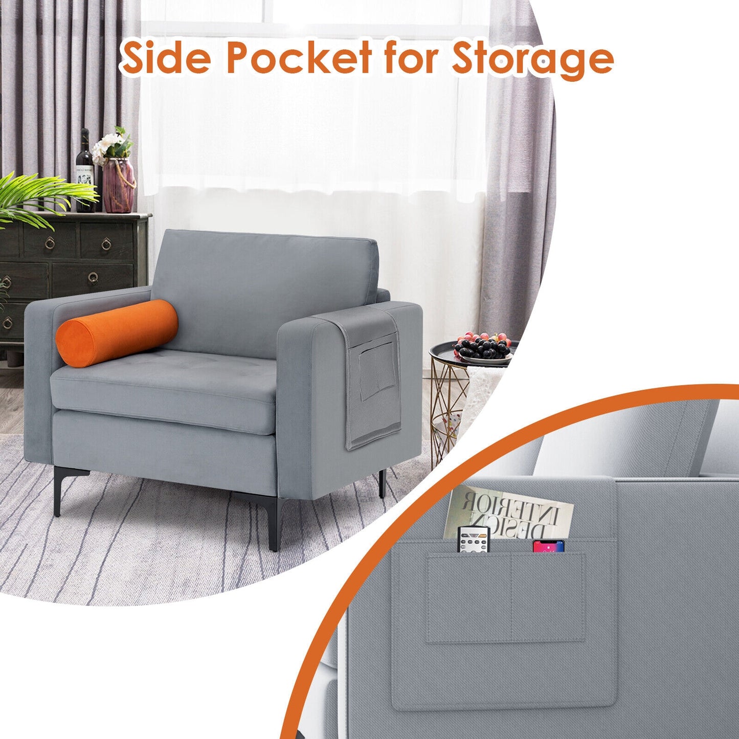 Modern Accent Chair With Bolster, Side Storage Pocket, Gray Accent Chairs at Gallery Canada