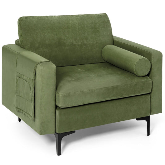 Modern Accent Chair with Bolster and Side Storage Pocket, Army Green