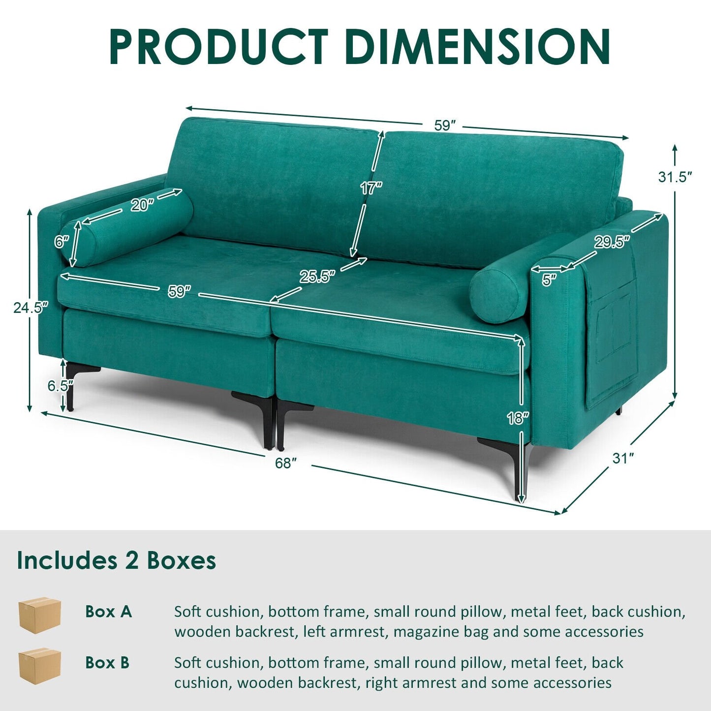 Modular 1/2/3/4-Seat L-Shaped Sectional Sofa Couch with Socket USB Port-2-Seat, Turquoise