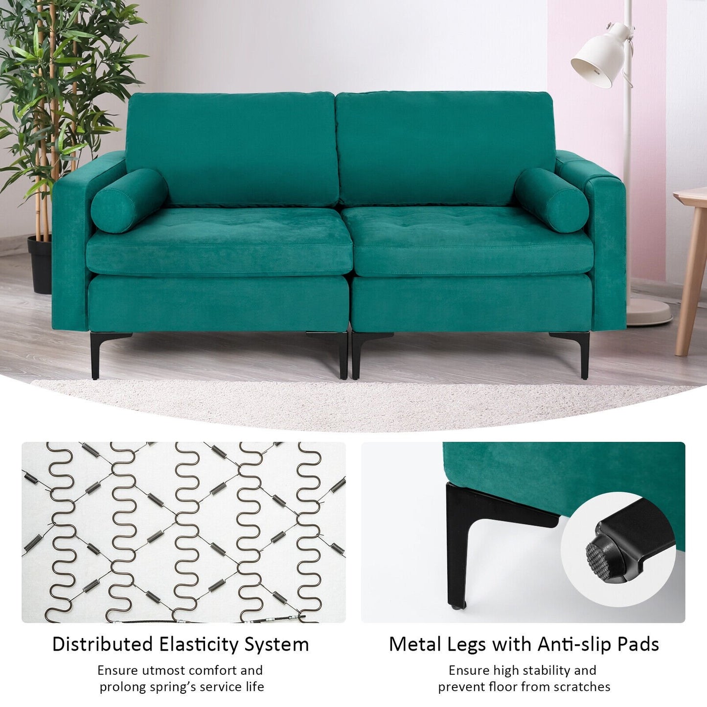 Modular 1/2/3/4-Seat L-Shaped Sectional Sofa Couch with Socket USB Port-2-Seat, Turquoise
