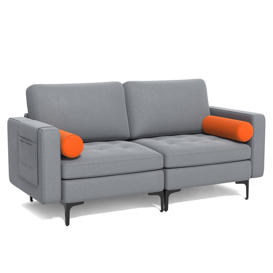 Modern Loveseat Sofa with 2 Bolsters and Side Storage Pocket, Gray