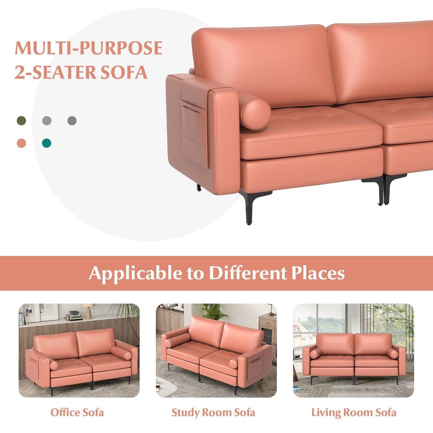 Modern Loveseat Sofa with 2 Bolsters and Side Storage Pocket, Pink
