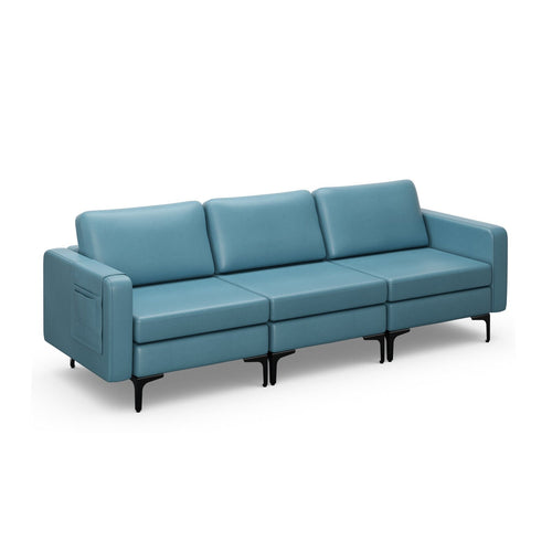 3-Seat Sectional Sofa Couch with Armrest Magazine Pocket and Metal Leg, Blue