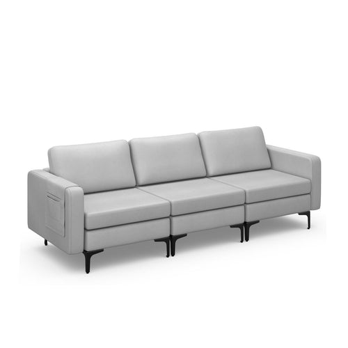 3-Seat Sectional Sofa Couch with Armrest Magazine Pocket and Metal Leg, Light Gray