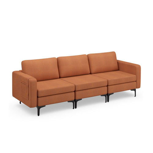 3-Seat Sectional Sofa Couch with Armrest Magazine Pocket and Metal Leg, Orange