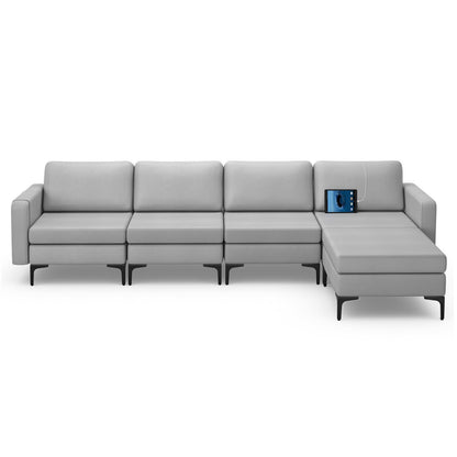Modular L-shaped Sectional Sofa with Reversible Ottoman and 2 USB Ports, Light Gray