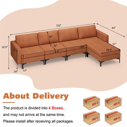 Modular L-shaped Sectional Sofa with Reversible Ottoman and 2 USB Ports, Orange