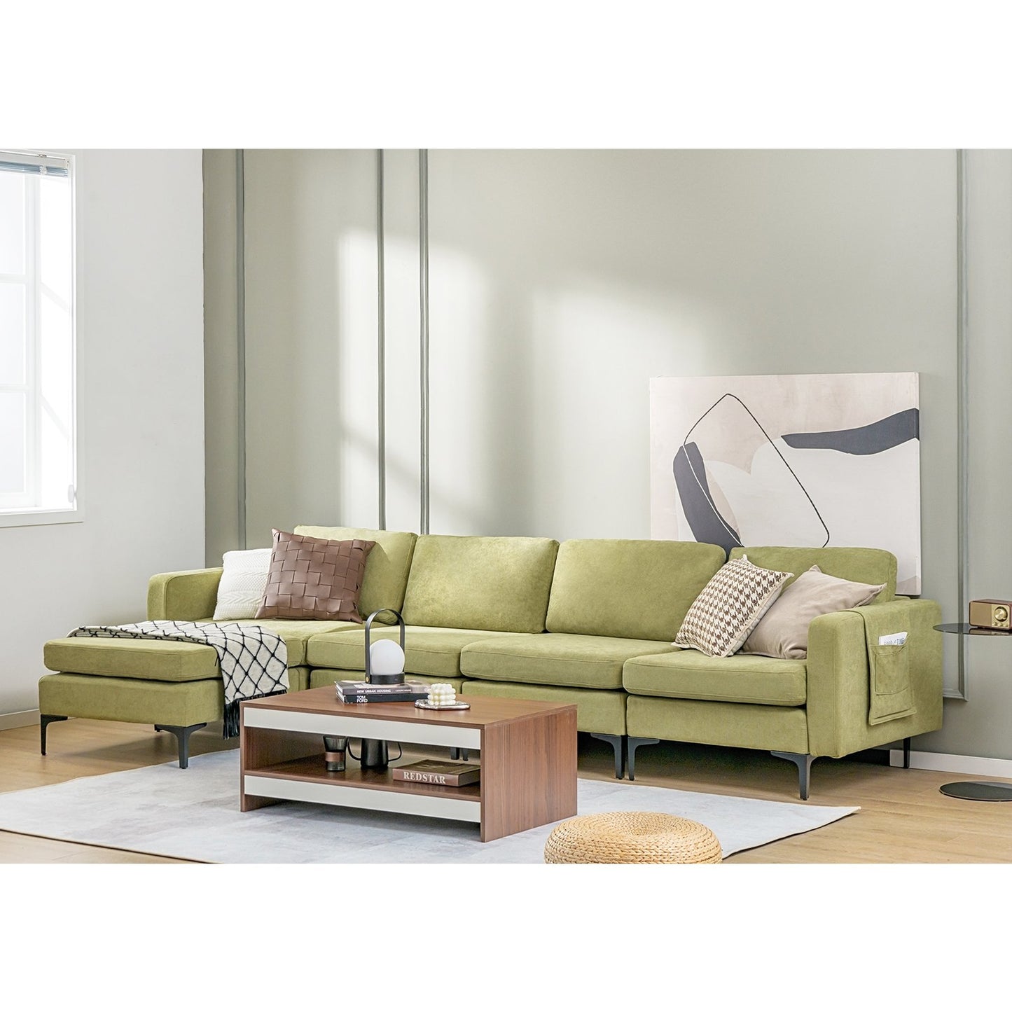 Modular L-shaped Sectional Sofa with Reversible Ottoman and 2 USB Ports, Green