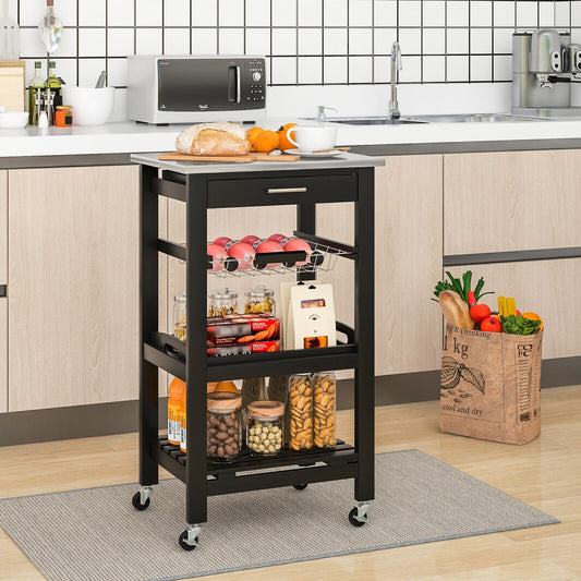 Kitchen Island Cart with Stainless Steel Tabletop and Basket, Black Kitchen Islands & Carts Black at Gallery Canada