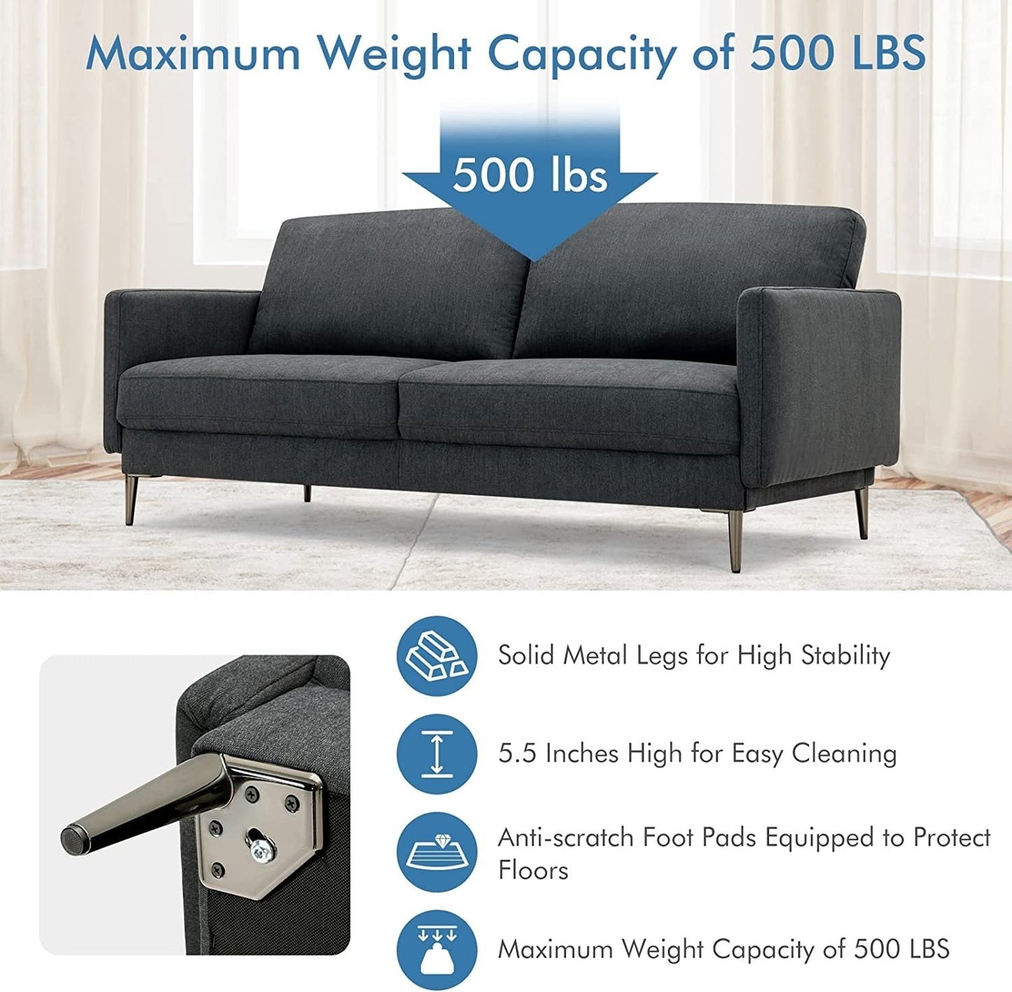 Modern Loveseat with Comfy Backrest Cushions, Gray