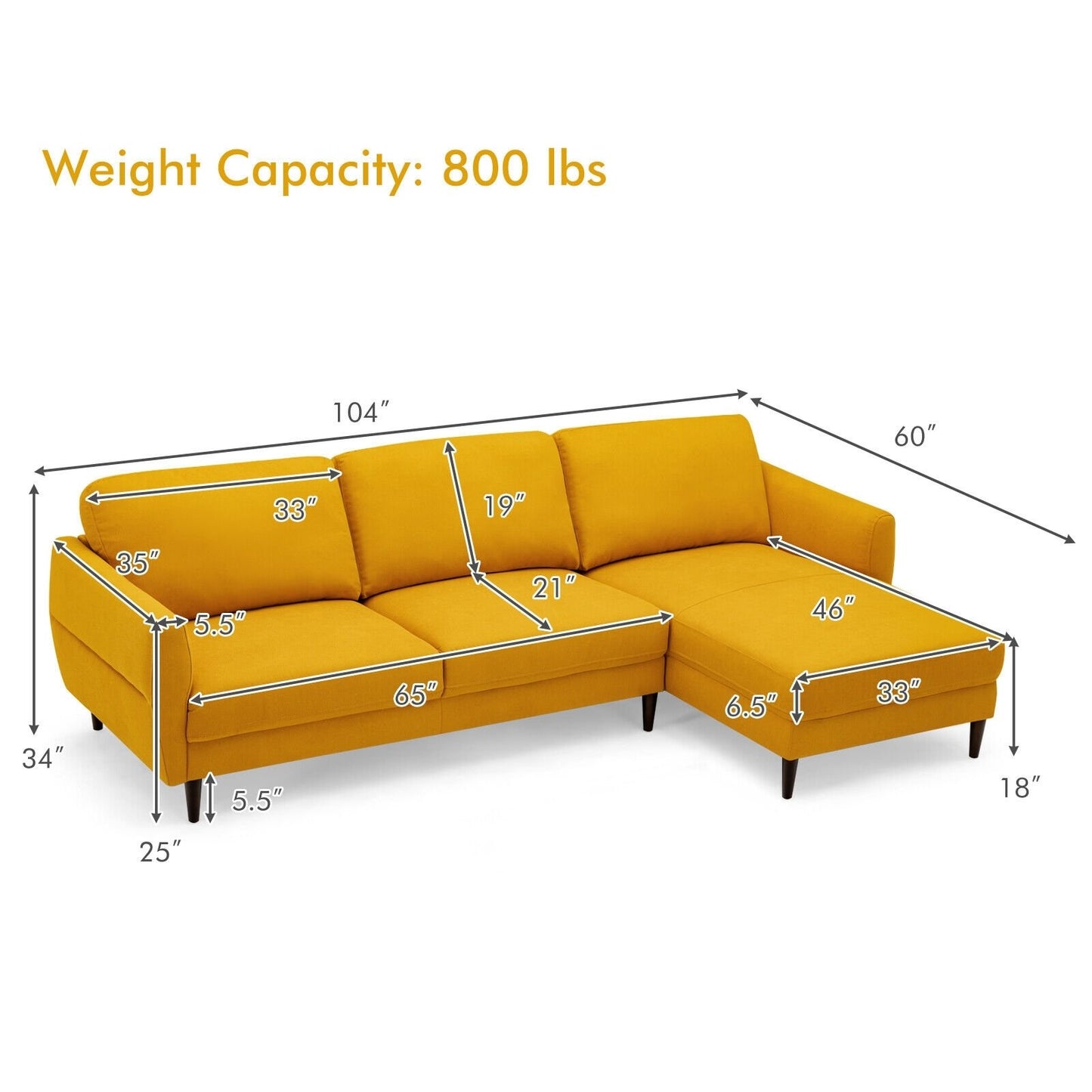 L-Shaped Fabric Sectional Sofa with Chaise Lounge and Solid Wood Legs, Yellow at Gallery Canada