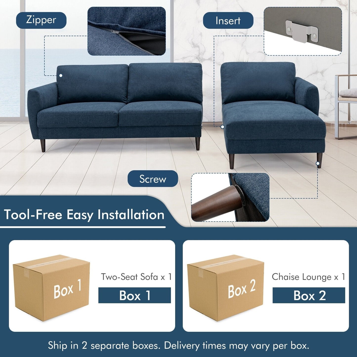 L-Shaped Fabric Sectional Sofa with Chaise Lounge and Solid Wood Legs, Navy