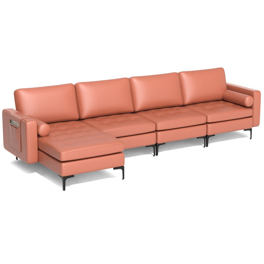 Modular L-shaped Sectional Sofa with Reversible Chaise and 2 USB Ports, Pink