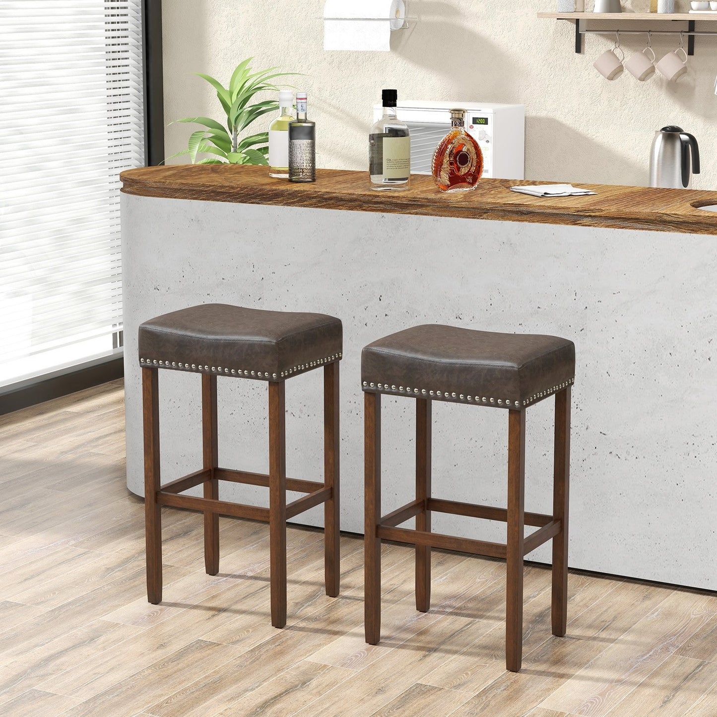Upholstered Bar Stools Set of 2 with Footrests for Counter, Dark Gray