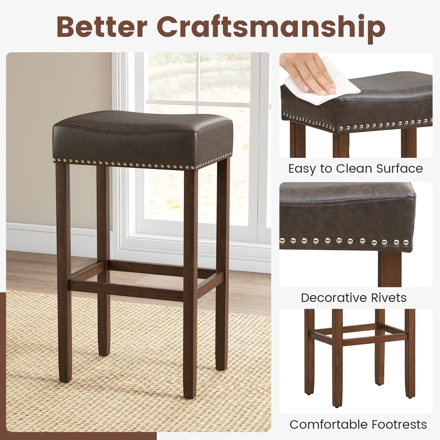 Upholstered Bar Stools Set of 2, with Footrests, Dark Gray Bar Stools at Gallery Canada