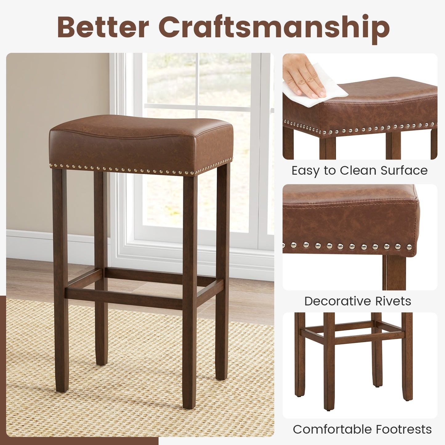 Upholstered Bar Stools Set of 2 with Footrests for Counter, Brown Bar Stools at Gallery Canada