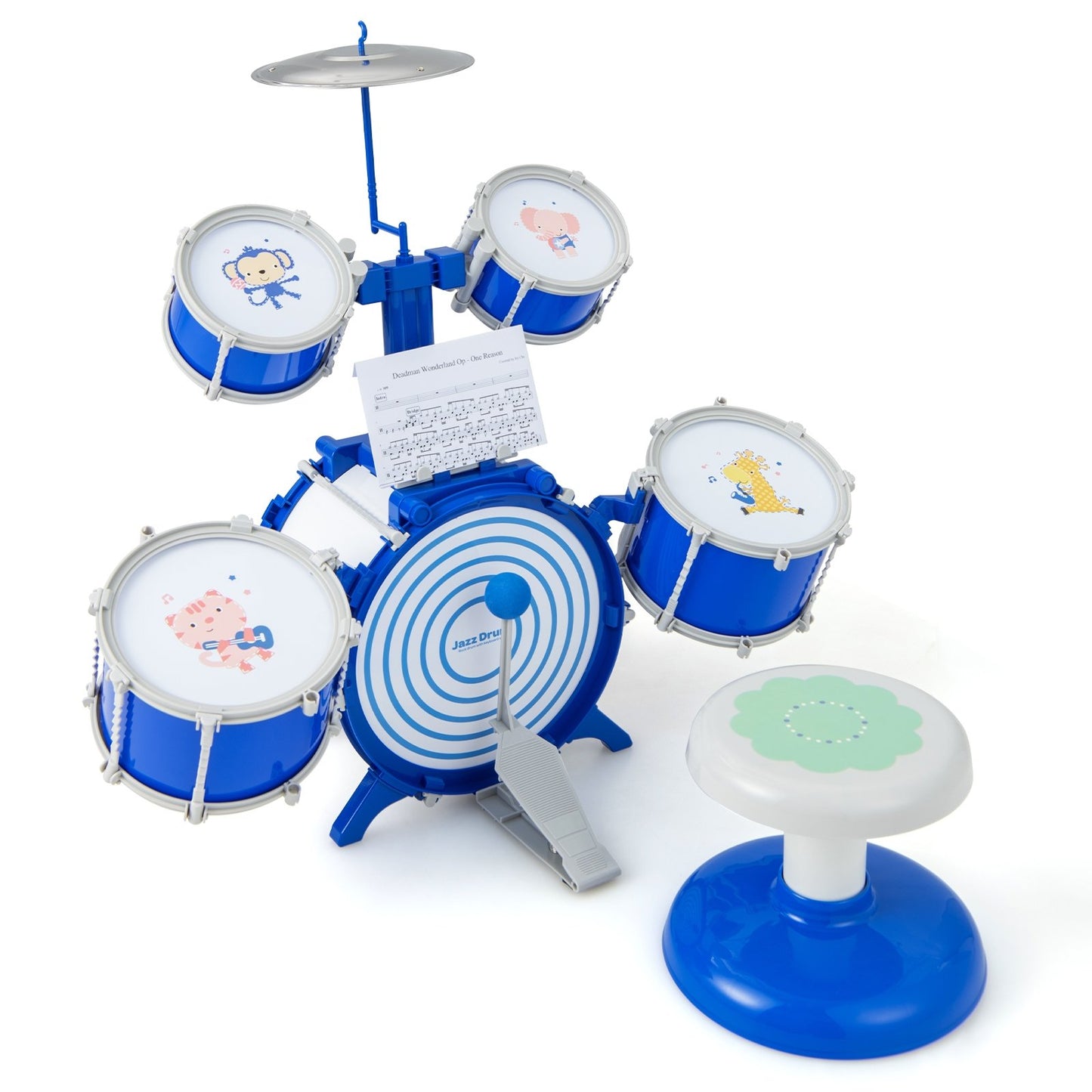 Kids Drum Set Educational Percussion Musical Instrument Toy with Bass Drum, Blue
