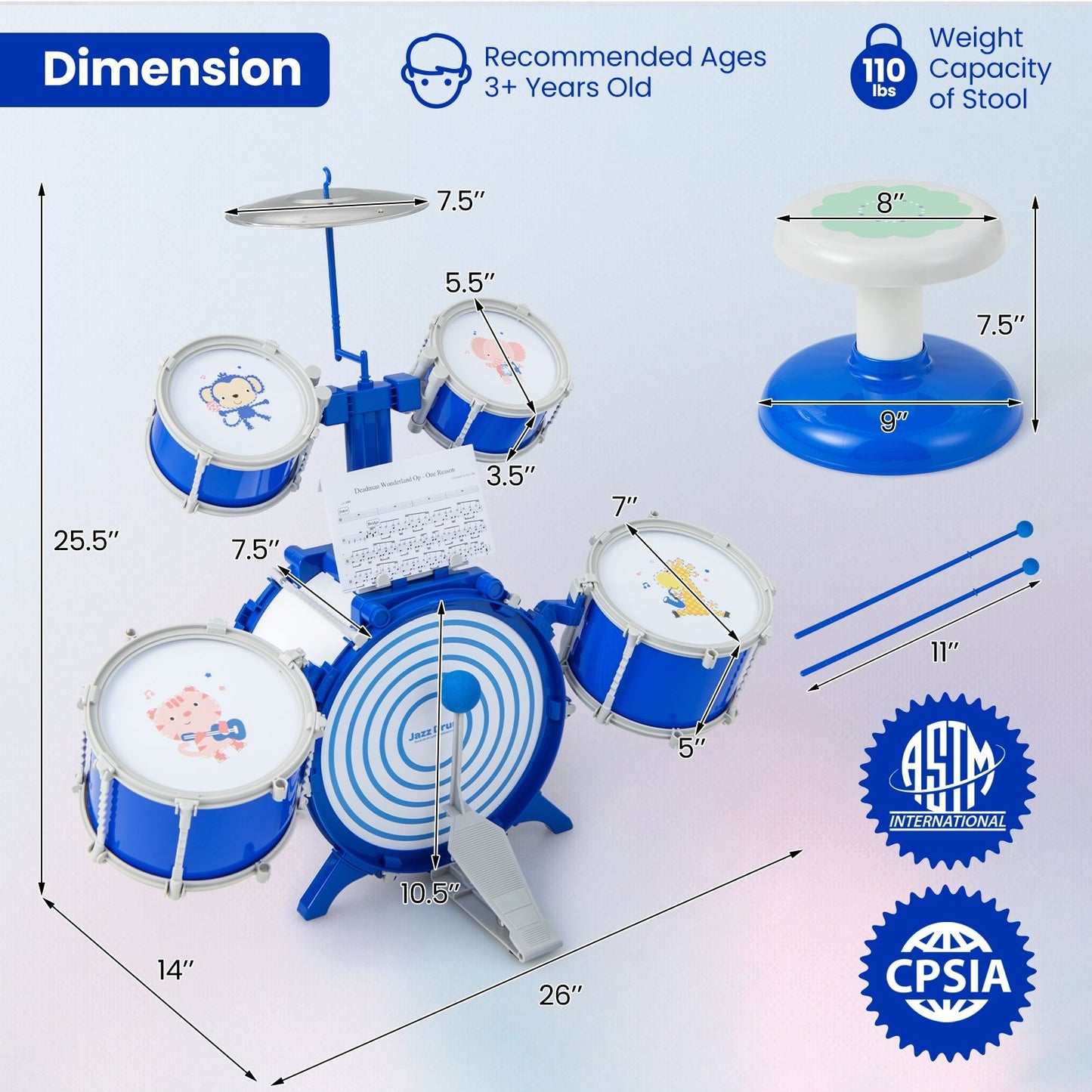Kids Drum Set Educational Percussion Musical Instrument Toy with Bass Drum, Blue