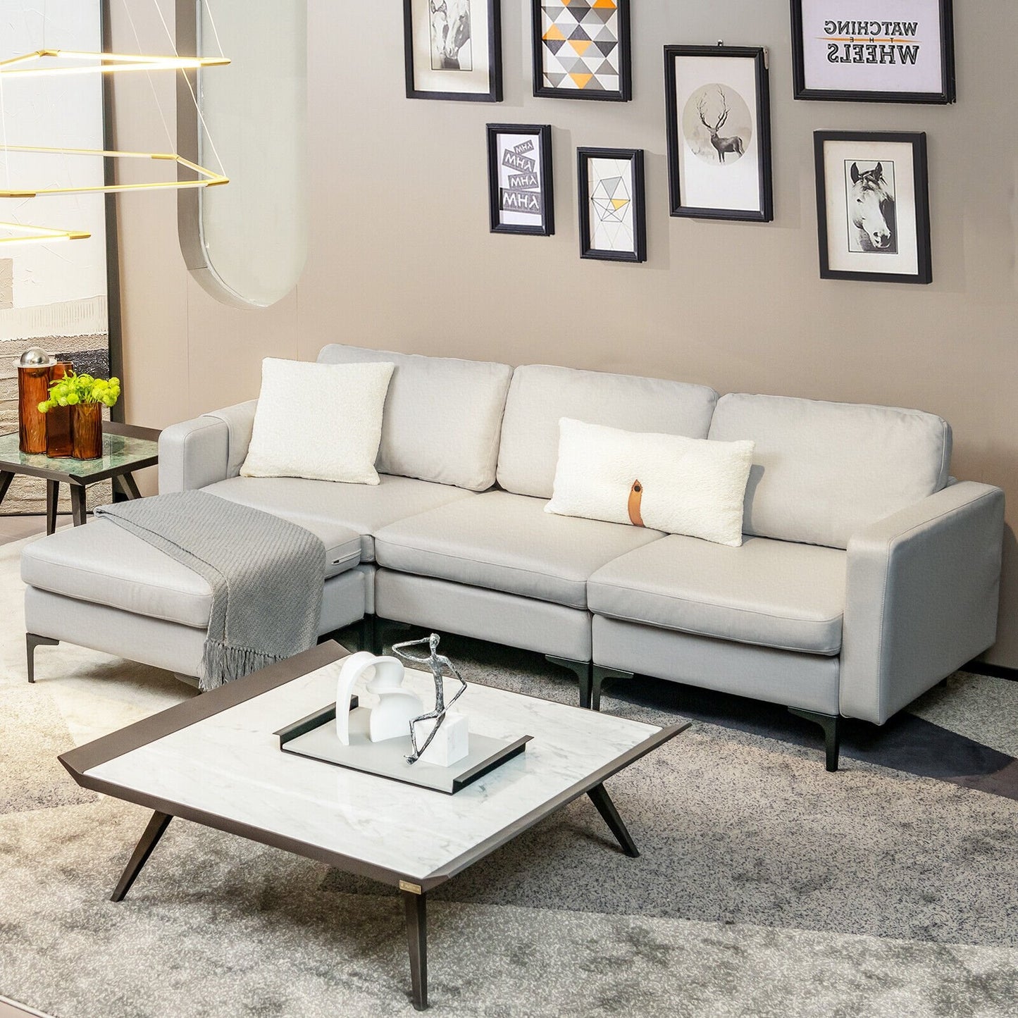 Modular L-shaped Sectional Sofa with Reversible Chaise and 2 USB Ports, Light Gray