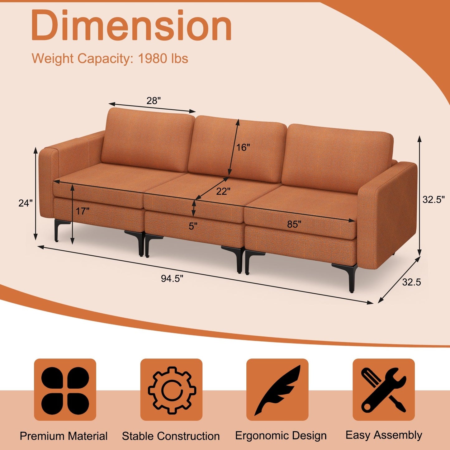 Convertible Leather Sofa Couch with Magazine Pockets 3-Seat with 2 USB Port, Orange