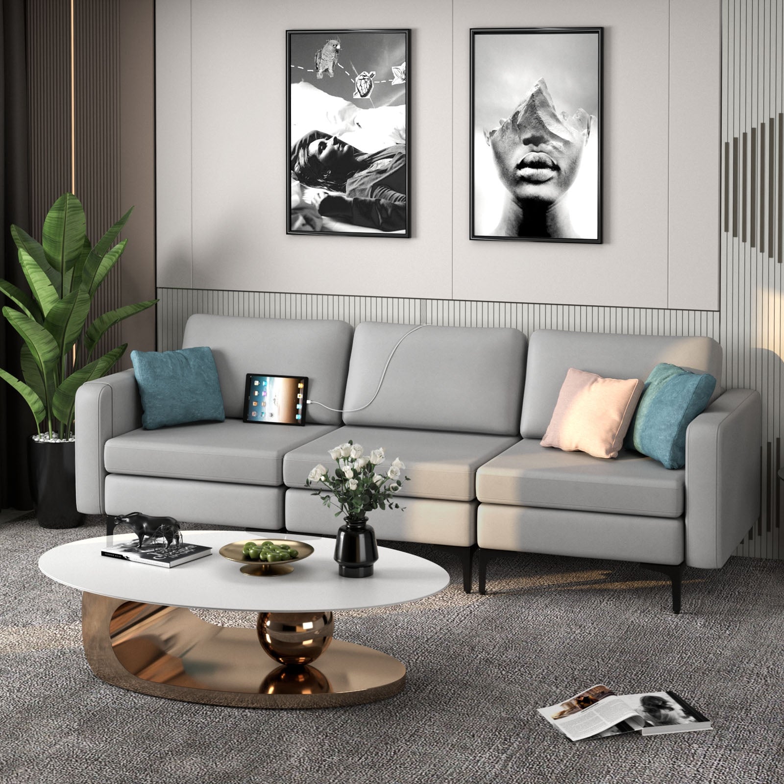 Convertible Leather Sofa Couch with Magazine Pockets 3-Seat with 2 USB Port, Light Gray Sofas & Loveseats at Gallery Canada