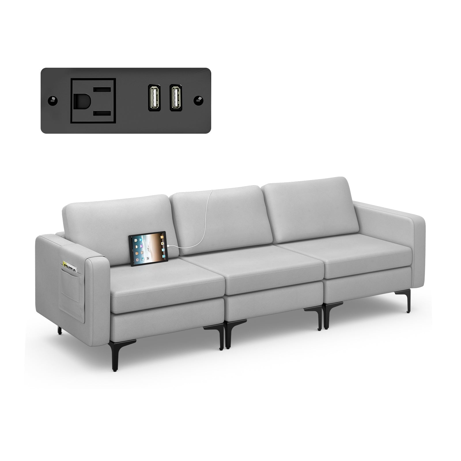Convertible Leather Sofa Couch with Magazine Pockets 3-Seat with 2 USB Port, Light Gray Sofas & Loveseats Light Gray at Gallery Canada