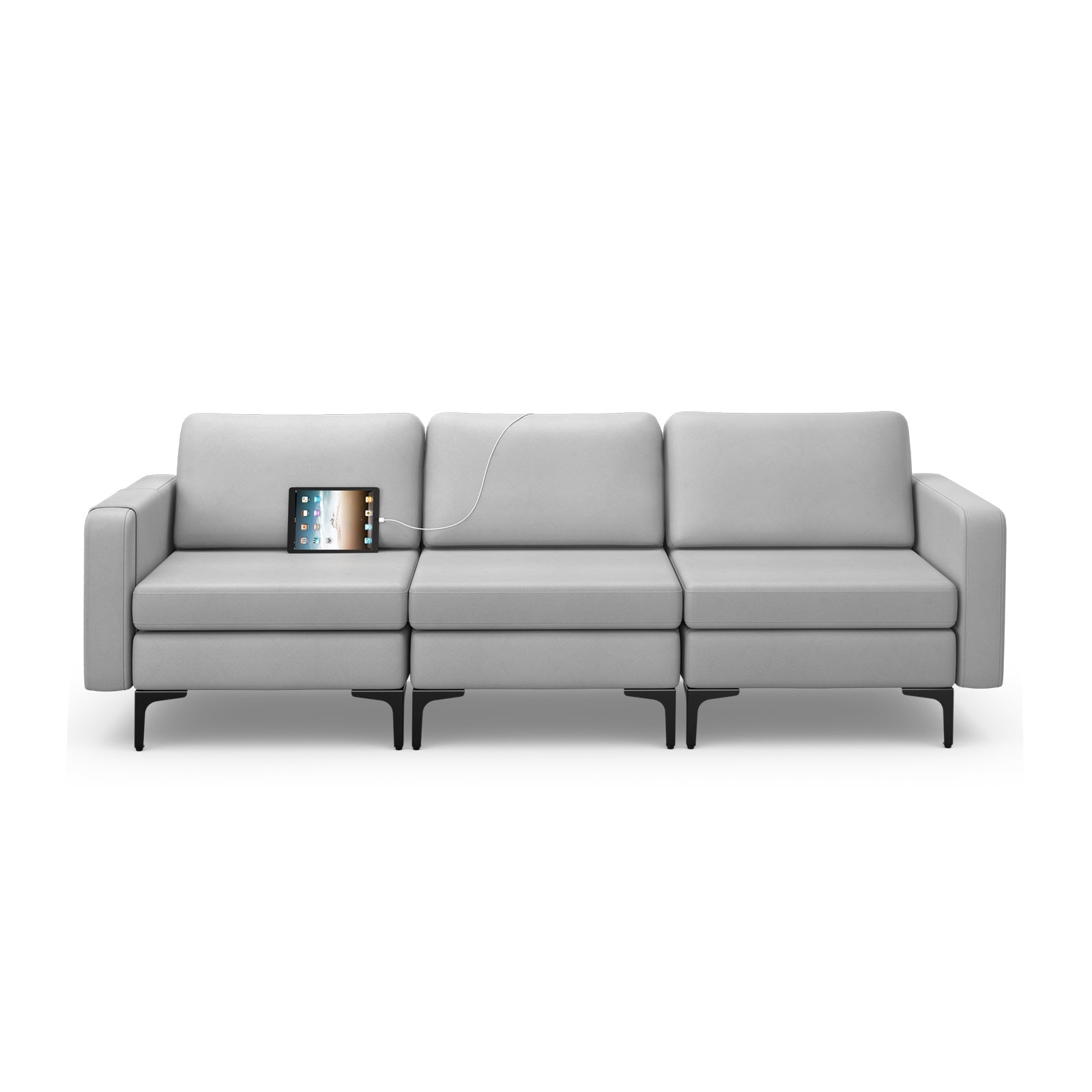 Convertible Leather Sofa Couch with Magazine Pockets 3-Seat with 2 USB Port, Light Gray Sofas & Loveseats at Gallery Canada