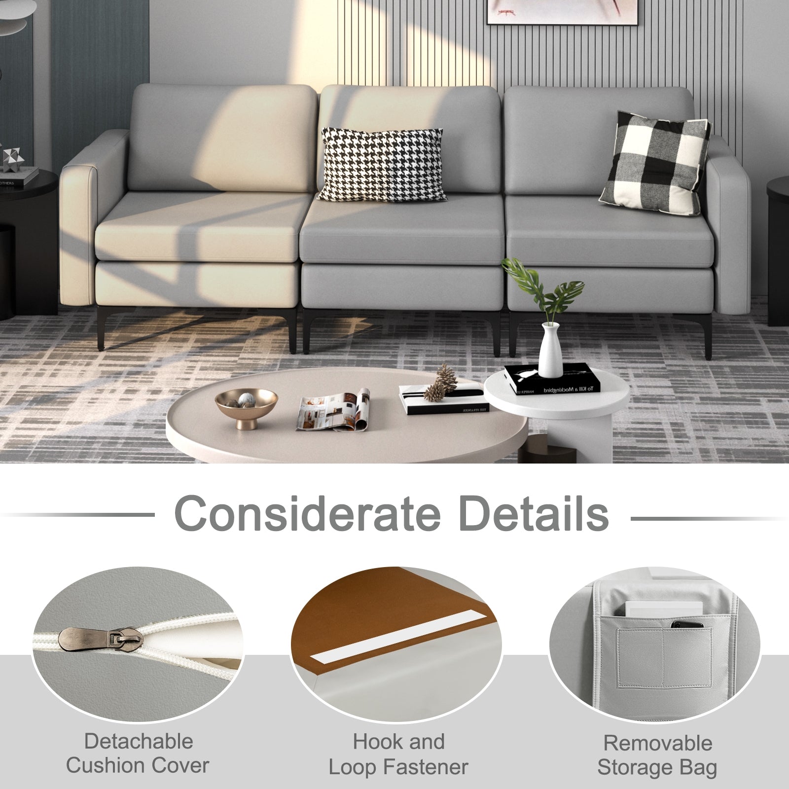 Convertible Leather Sofa Couch with Magazine Pockets 3-Seat with 2 USB Port, Light Gray Sofas & Loveseats at Gallery Canada