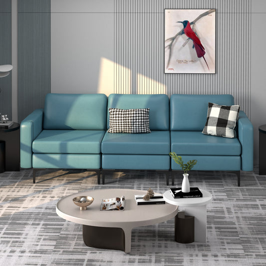 Convertible Leather Sofa, 3-Seat, With USB Ports And Magazine Pockets, Blue Sofas & Loveseats Blue at Gallery Canada