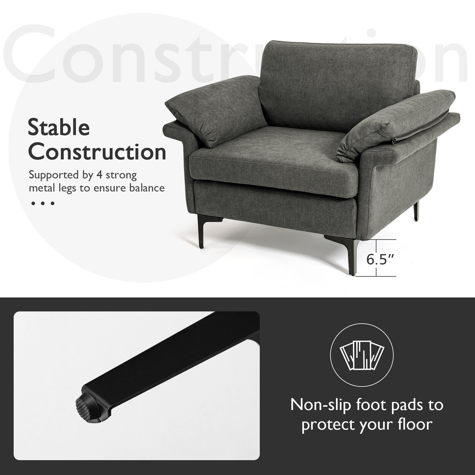 Modern Fabric Accent Armchair with Original Distributed Spring and Armrest Cushions, Gray Sofas & Loveseats at Gallery Canada